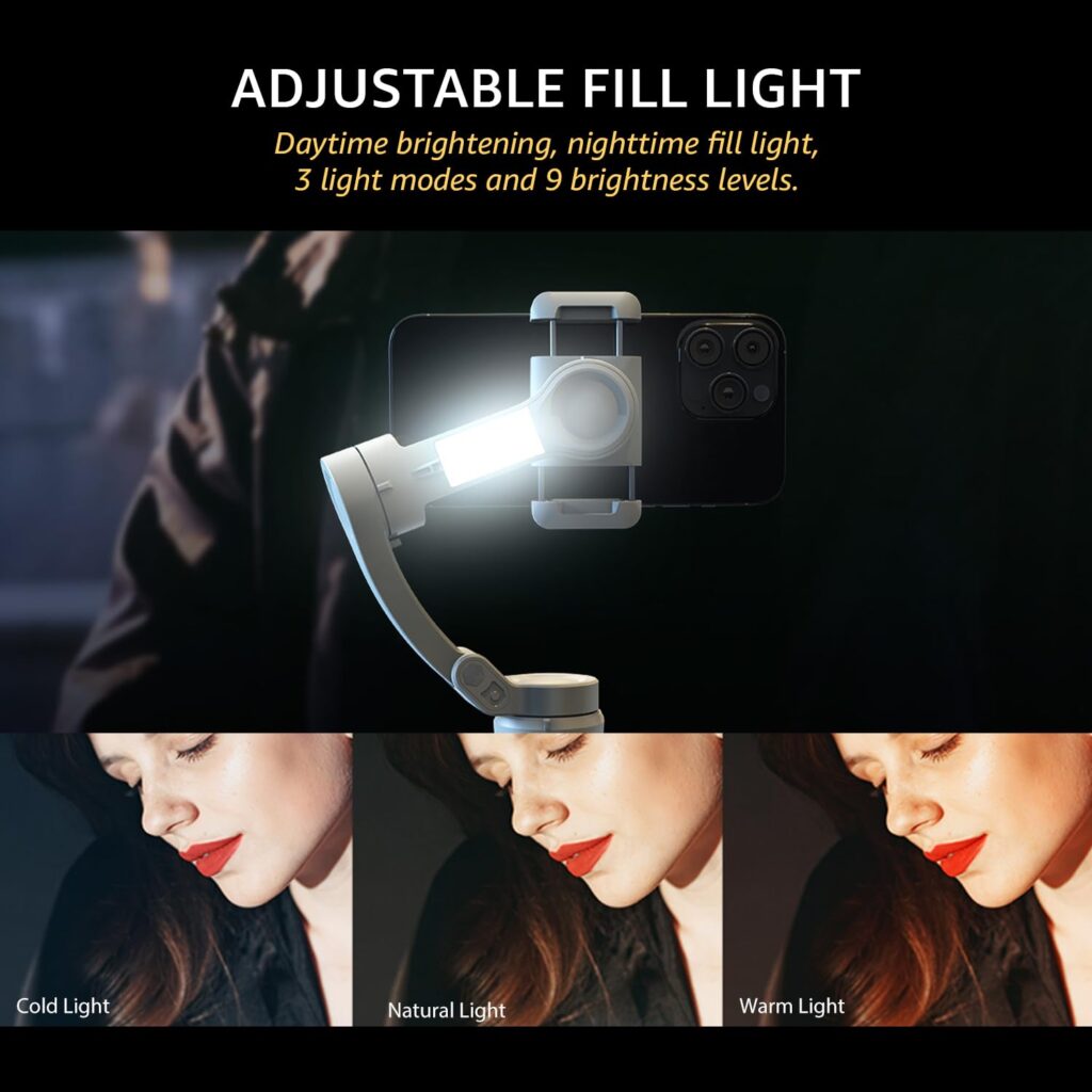 Amazon Basics 3-Axis Smartphone Gimbal Stabilizer with AI Face&Body Tracking|Foldable Design |Adjustable Fill Light| 8 Hr Battery| iPhone, Android Compatible| Perfect for travel/vlogging,Grey (AB-M01)