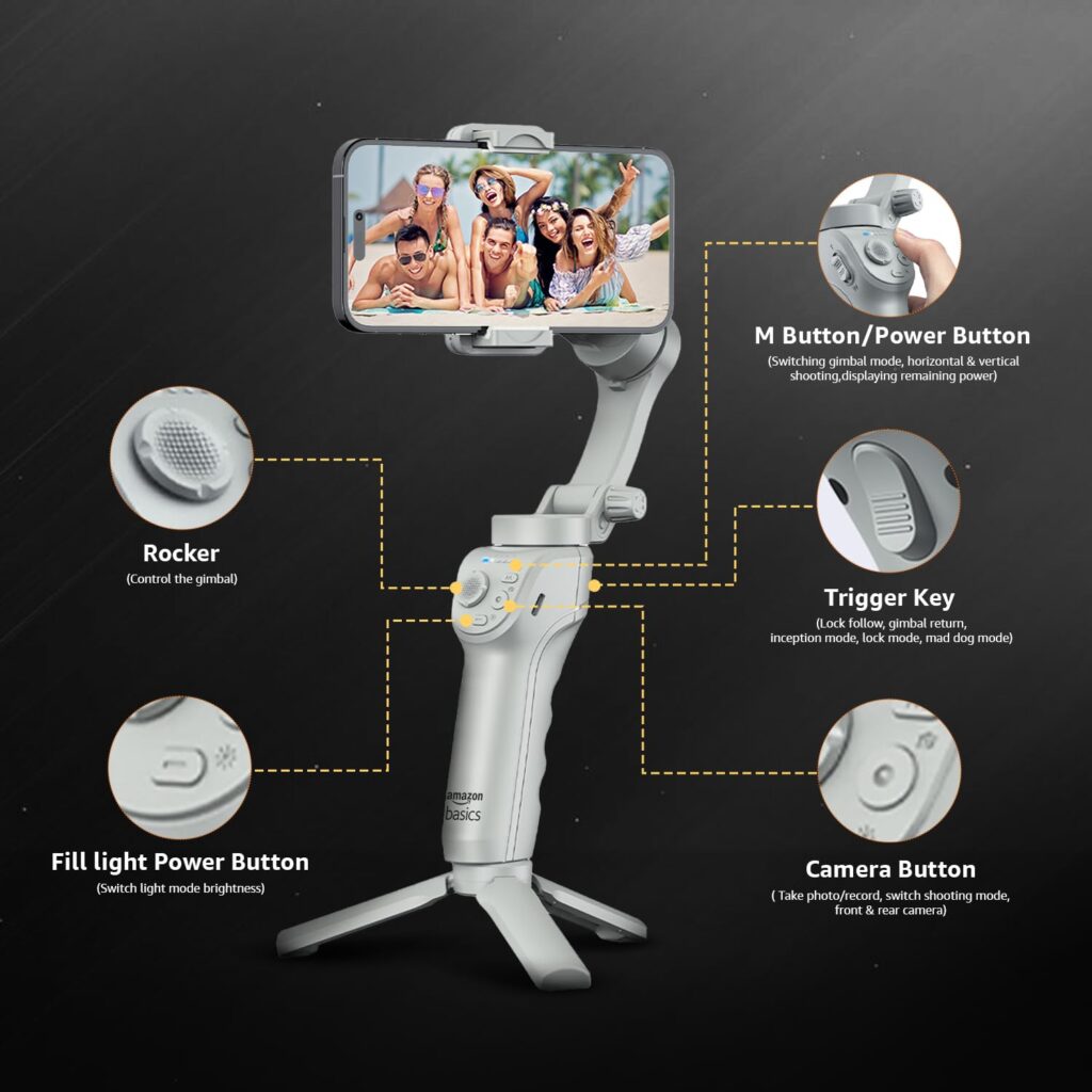 Amazon Basics 3-Axis Smartphone Gimbal Stabilizer with AI Face&Body Tracking|Foldable Design |Adjustable Fill Light| 8 Hr Battery| iPhone, Android Compatible| Perfect for travel/vlogging,Grey (AB-M01)