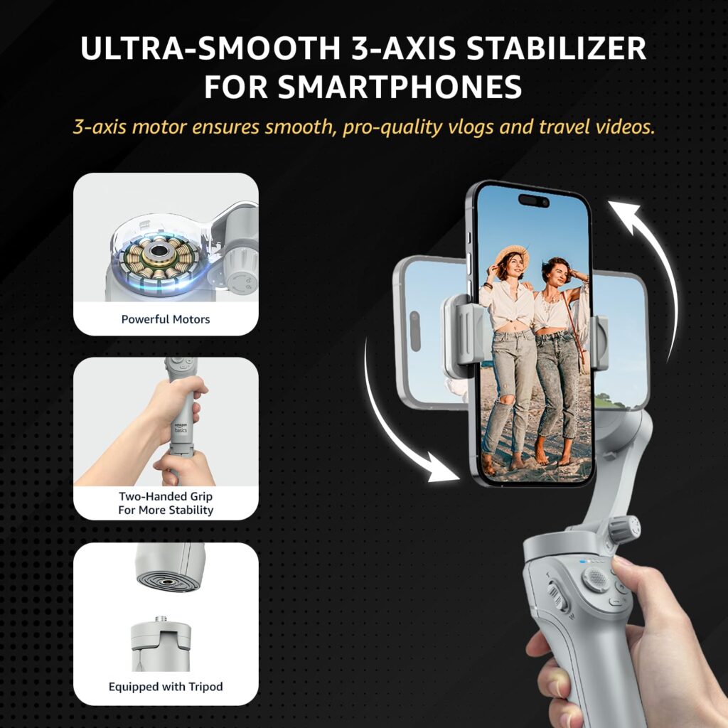 Amazon Basics 3-Axis Smartphone Gimbal Stabilizer with AI Face&Body Tracking|Foldable Design |Adjustable Fill Light| 8 Hr Battery| iPhone, Android Compatible| Perfect for travel/vlogging,Grey (AB-M01)