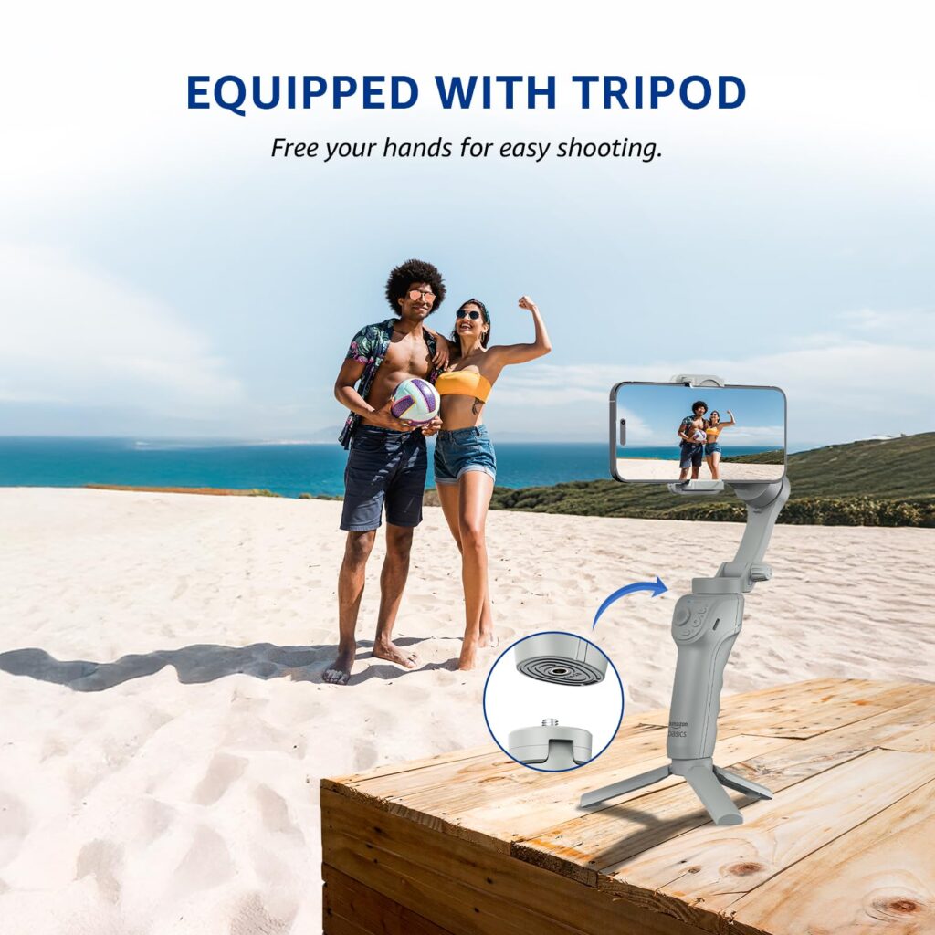 Amazon Basics 3-Axis Smartphone Gimbal Stabilizer with AI Face&Body Tracking|Foldable Design |Adjustable Fill Light| 8 Hr Battery| iPhone, Android Compatible| Perfect for travel/vlogging,Grey (AB-M01)
