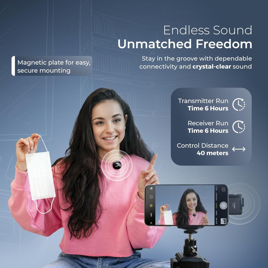 Digitek DWM-116 Wireless Microphone with Type-C & Lightning, 2.4GHz Mic with Noise Cancellation, 40m Range, 6H Battery, Magnetic Clip, Wireless Mic for YouTube, Vlogging & Recording