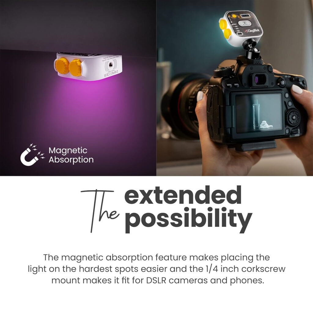 Digitek LED-D10W RGB Video Light, 360° Full Color Portable LED Camera Light, 2500K-9000K, CRI 95+, Dimmable, 2000mAh Battery, 3 Cold Shoe Mounts, Magnetic, for Photography