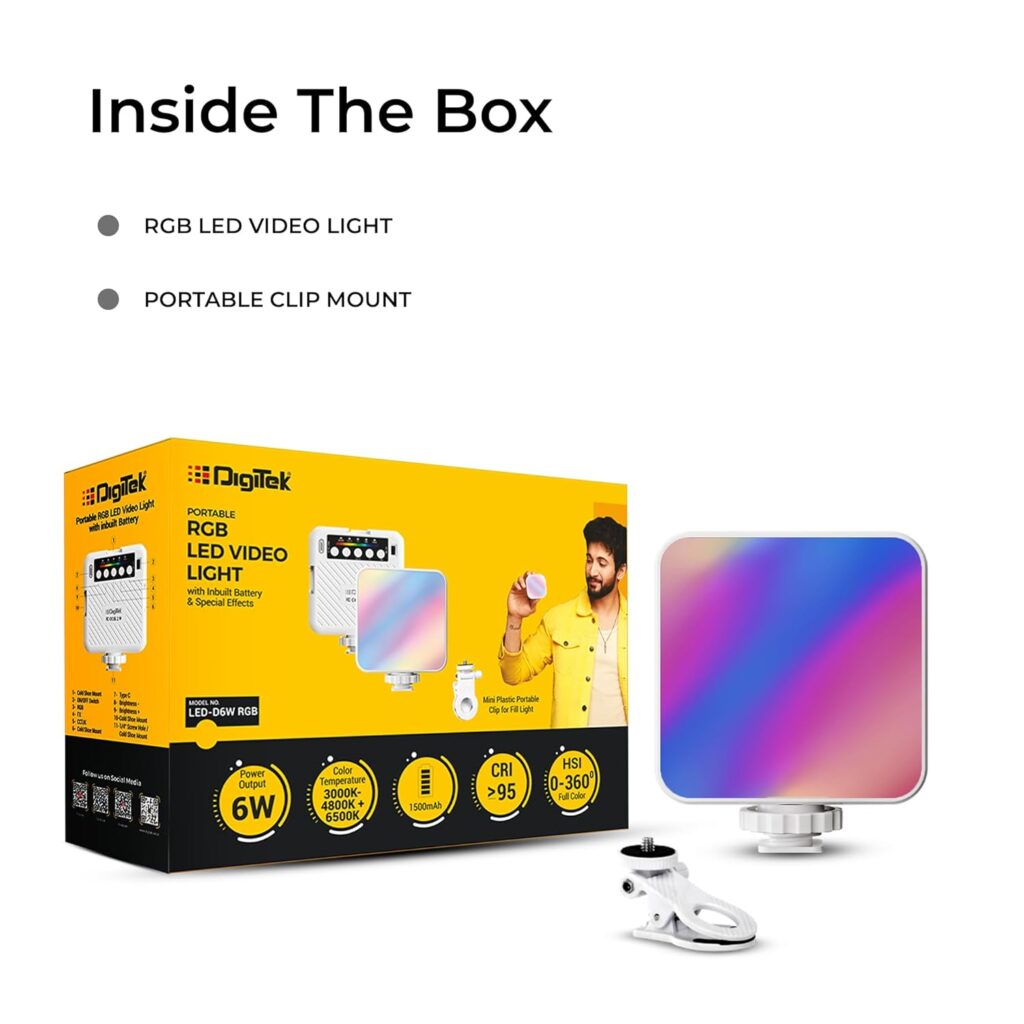 Digitek LED-D6W RGB Portable Mini Video Light, 360° HSI Full Color, 3000K-6000K Bi-Color, 9 FX Modes, Rechargeable Battery, Type-C Charging, Light for Reels & Vlogging